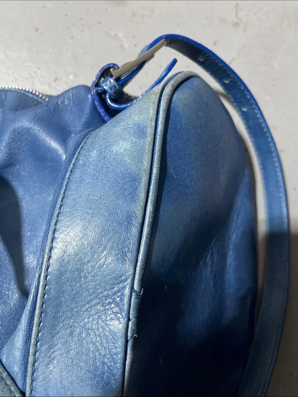 Garnet Hill Blue Leather Drawstring Shoulder Bucket Bag